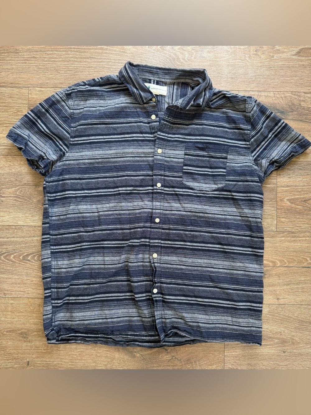Aeropostale Shirt Mens XL Cotton Hemp Blue Striped Button Up Chest Pocket Casual